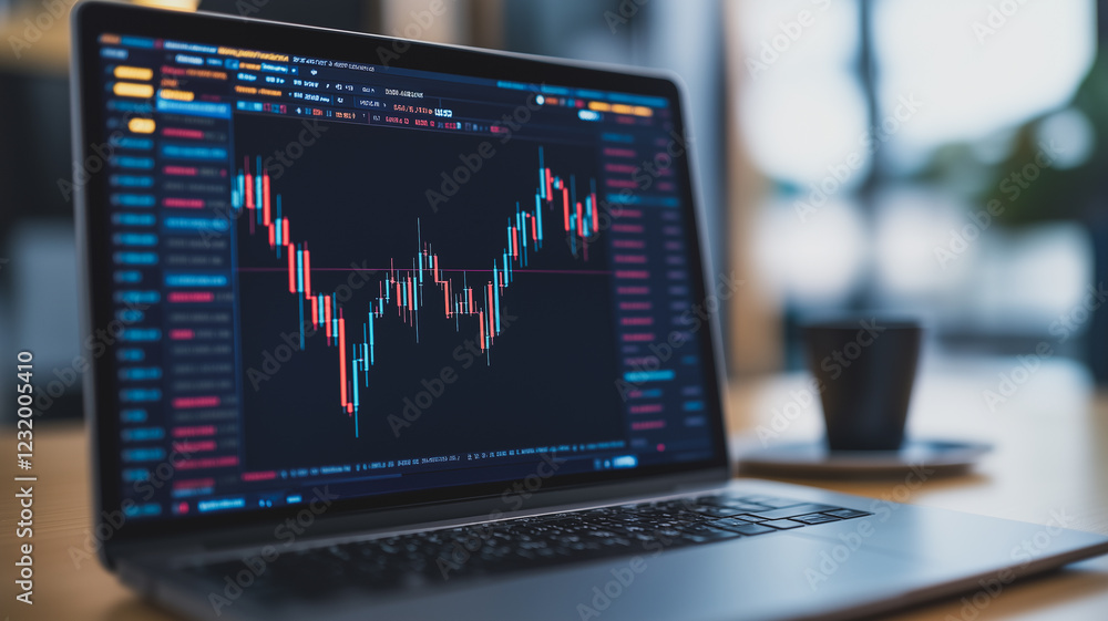 Stock Market Analysis on Laptop: A close-up shot of a laptop screen displaying a dynamic stock market chart, showcasing fluctuating trends and data points. Stock Market Analysis on Laptop: A close-up shot of a laptop screen displaying a dynamic stock market chart, showcasing fluctuating trends and data points.