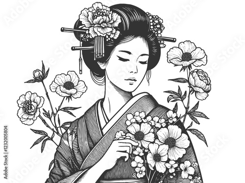geisha in traditional kimono, surrounded by detailed blooming flowers and foliage sketch engraving generative ai fictional character vector illustration. Scratch board imitation. Black and white image