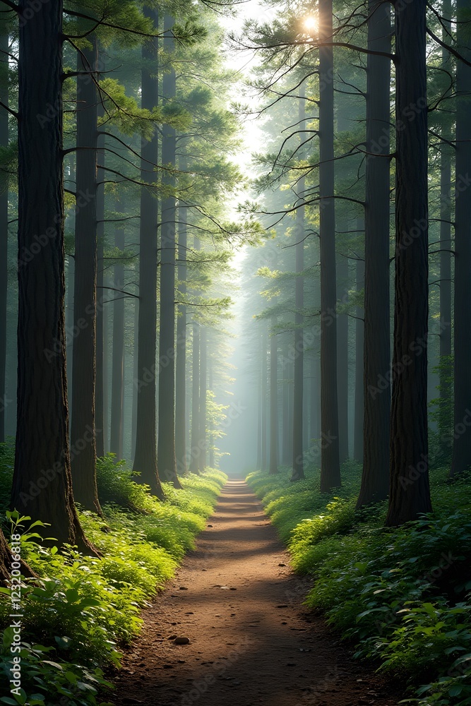 Sunlit pathway through serene forest with towering trees Sunlit pathway through serene forest with towering trees