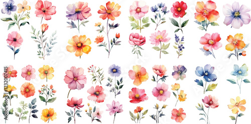 A Big watercolor floral package collection. Use by fabric, fashion, wedding invitation, template, poster, romance, greeting, spring, bouquet, pattern, decoration and textile.	