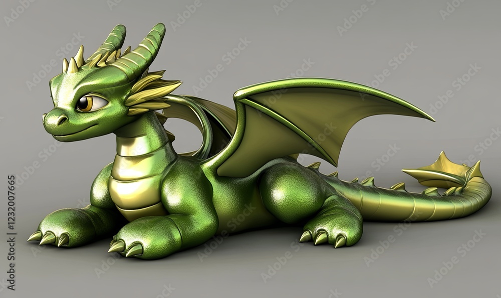 Fototapeta premium Green dragon lying, wings spread, gray background, fantasy, children's illustration