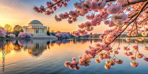 Spring blooming cherry blossoms along the Tidal Basin in Washington DC with the Jefferson Memorial reflected in the water, floral display, Tidal Basin