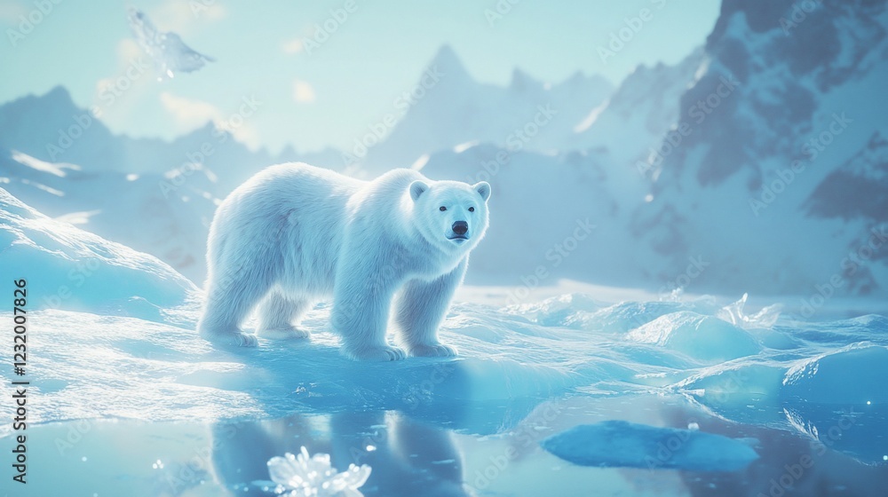 Polar bear on ice floe, arctic mountains background, climate change awareness Polar bear on ice floe, arctic mountains background, climate change awareness