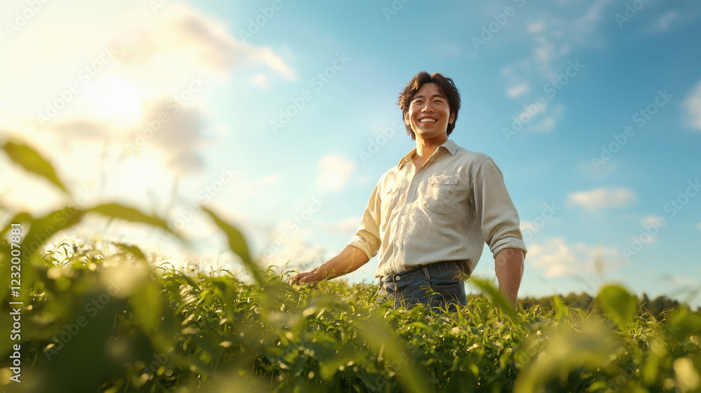 happy smiling farmer standing at green agriculture field happy smiling farmer standing at green agriculture field