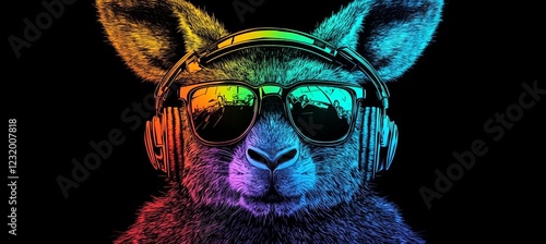 Cool Neon Party DJ. Neon Colorful Kangaroo Portrait With Headphones. EDM. House Music