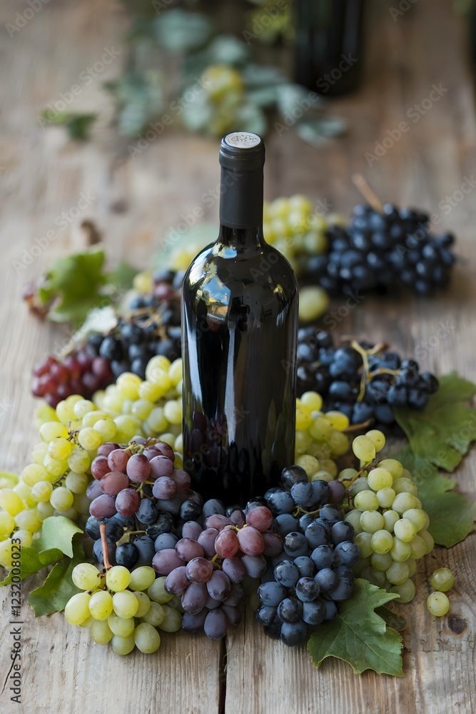 Fototapeta premium A photo of a wooden table with a bottle of wine in the middle and lot of grapes surrounding the bottle.