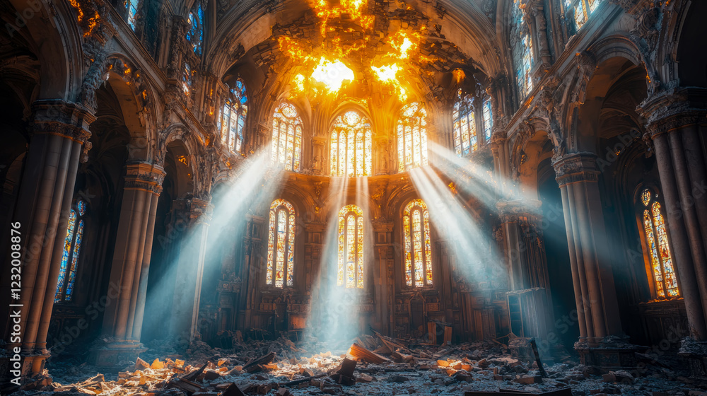 Fototapeta premium Sunbeams Illuminate Ruined Cathedral