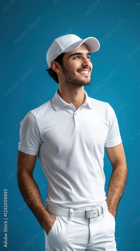 Young golfer player man isolated on blue background looking to the side and smiling Young golfer player man isolated on blue background looking to the side and smiling