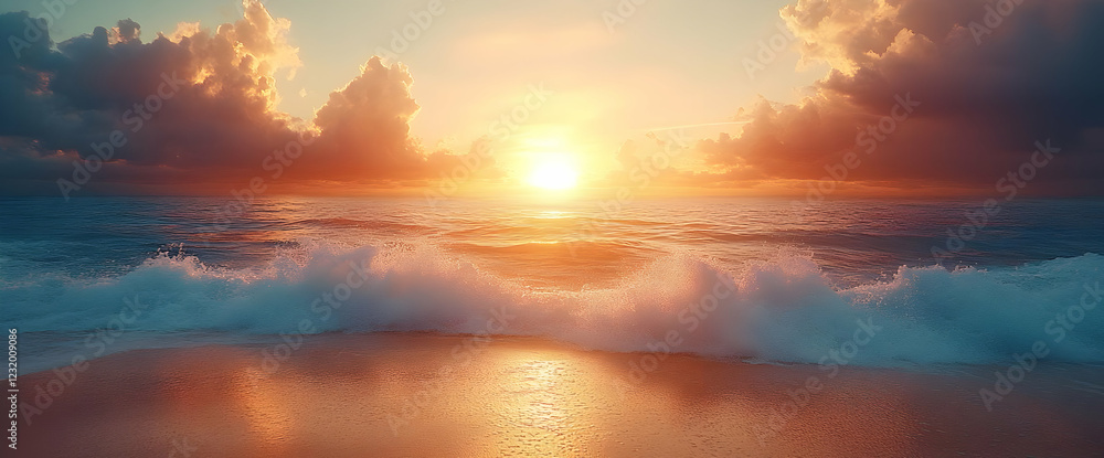 Fototapeta premium Ocean Waves Crashing on Sandy Beach at Sunset