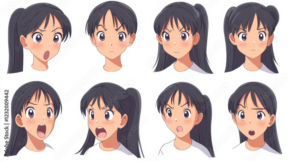 Kid mouth animation sprite sheet. Girl face expression and lips poses in pronunciation different english phoneme. Vector cartoon set of child talking mouth movement Kid mouth animation sprite sheet. Girl face expression and lips poses in pronunciation different english phoneme. Vector cartoon set of child talking mouth movement
