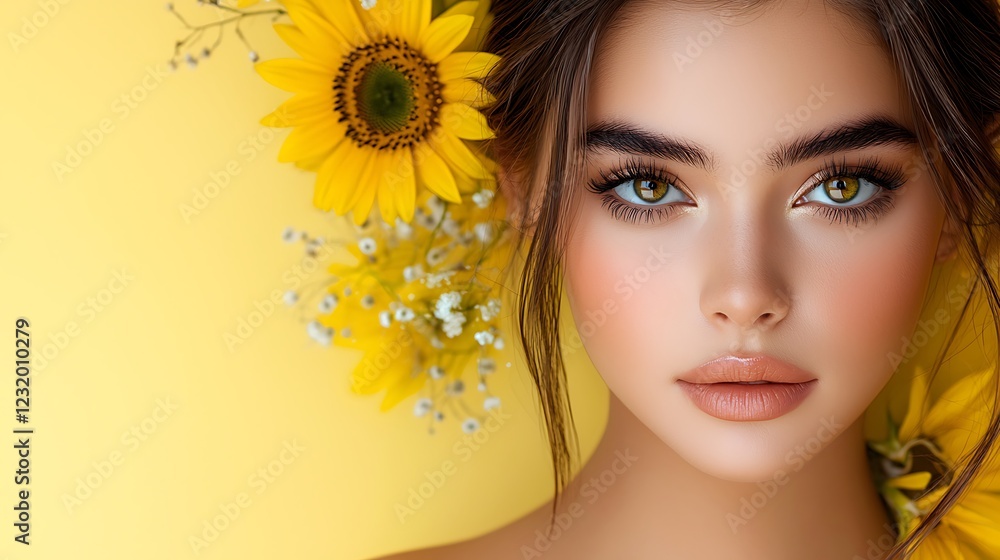 A striking close-up of a model with sunflower-inspired eye and lip makeup, her features highlighted by a soft yellow background and artistic floral details. Ultra-Realistic, Photo Realistic, A striking close-up of a model with sunflower-inspired eye and lip makeup, her features highlighted by a soft yellow background and artistic floral details. Ultra-Realistic, Photo Realistic,