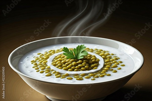 a bowl of mung bean porridge, also kown as bubur kacang hijau, a popular Indonesian dish. The porridge is a creamy, pale yellow color, likely made with coconut milk photo