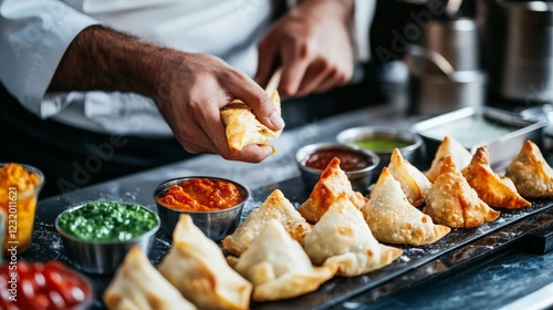 A chef preparing Indian samosas with a variety of chutneys