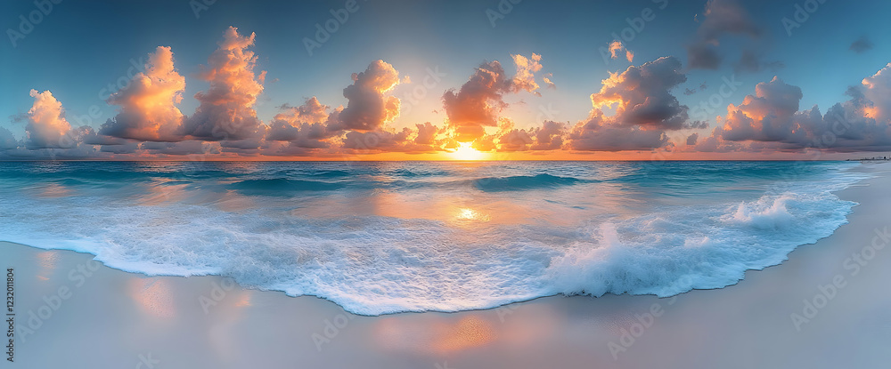 Fototapeta premium Ocean Sunset Landscape: Golden Hour Waves on a Tropical Beach
