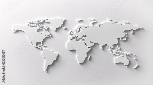 A minimalist three-dimensional world map with raised white continents on a clean white background creating a modern and elegant design
