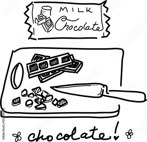 Hand-drawn chocolate bars vector doodle. Milk chocolate bars, cutting board, and knife. Cutting up some chocolate chunks!