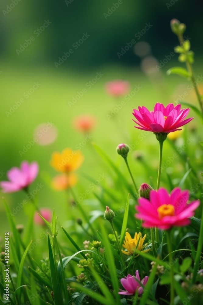 Fototapeta premium Close-up vibrant wildflowers, lush green grass, organic, vibrant