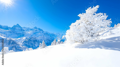 Wallpaper Mural Snowy mountain landscape, winter sun, tree, alps, travel postcard Torontodigital.ca