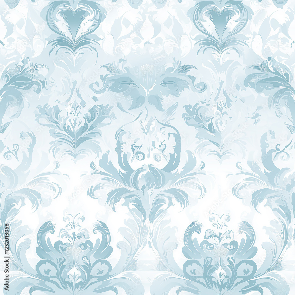 Elegant light blue damask pattern on a white background, perfect for textile or wallpaper design. Elegant light blue damask pattern on a white background, perfect for textile or wallpaper design.