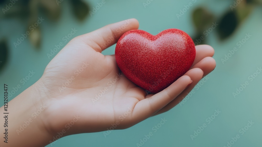 Closeup of a Hand Gently Holding a Red Glittery Heart Against a Teal Background Closeup of a Hand Gently Holding a Red Glittery Heart Against a Teal Background
