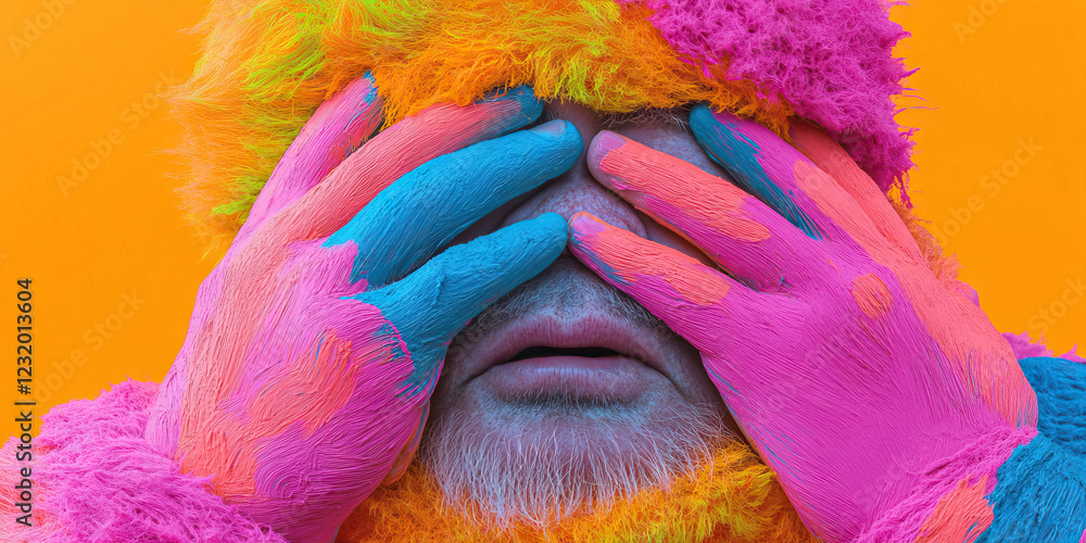 Obraz premium Portrait of Man with Painted Hands and Multicolored Furry Garment