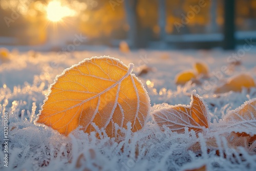 Crisp autumn morning with frost on the ground, with the first light of day casting a golden glow on the frosted leaves and grass, creating a fresh and peaceful autumn scene.