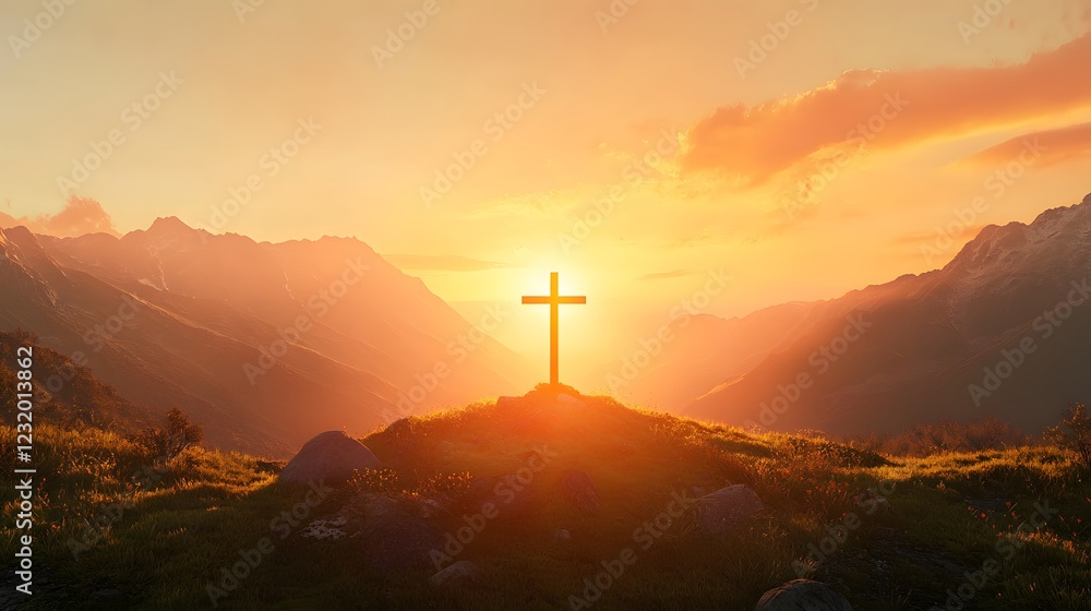 Obraz premium A cross with the setting sun in the background, symbolizing hope and new beginnings 