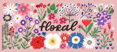 Beautiful floral set with hand-drawn flowers. Blossom botanical vector collection for decor, easter, sticker, clipart, print