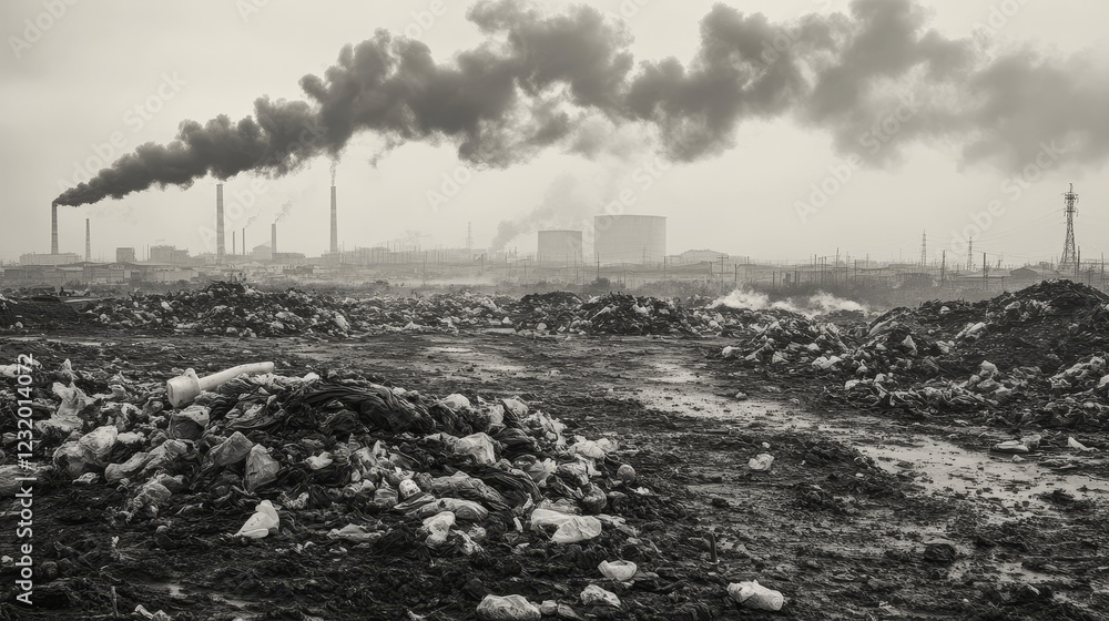 Obraz premium Environment pollution icons with plastic garbage, toxic waste and poor animals. Vector cartoon illustration of polluted nature, barrels with radioactive sign, bags and bottles