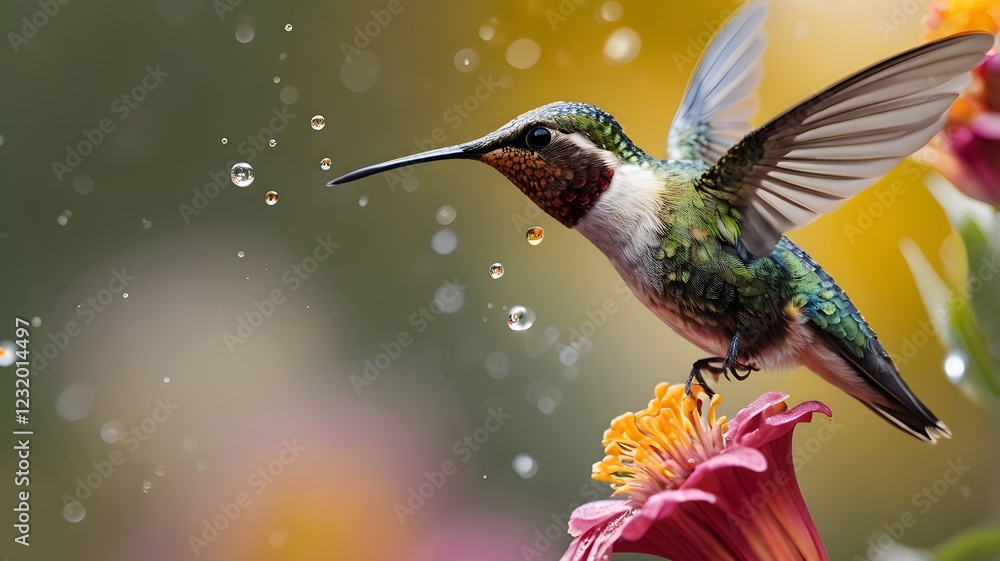 Fototapeta premium Hummingbird in Flight Near Wildflower