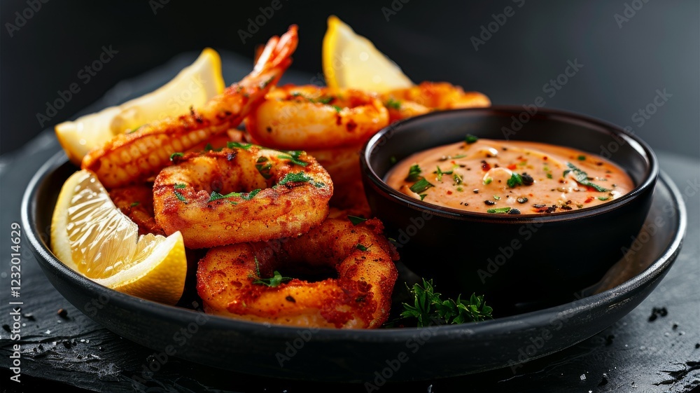 Crispy fried calamari rings served with lemon wedges and a small dish of garlic mayonnaise for dipping. Crispy fried calamari rings served with lemon wedges and a small dish of garlic mayonnaise for dipping.