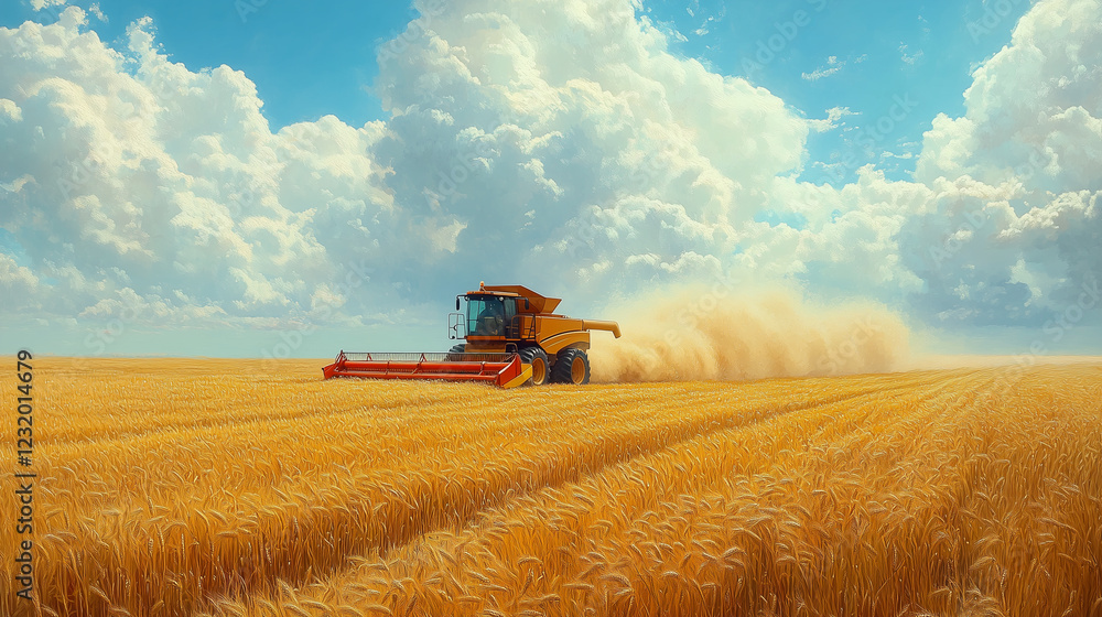 A combine harvester moves through a golden wheat field under cloudy sky A combine harvester moves through a golden wheat field under cloudy sky