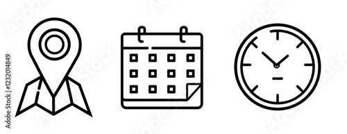 Time, date and address icon set. Calendar, clock, location. Editable stroke. Linear vector outline illustration. Vector illustration.