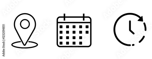 Time, date and address icon set. Calendar, clock, location. Editable stroke. Linear vector outline illustration. Vector illustration.