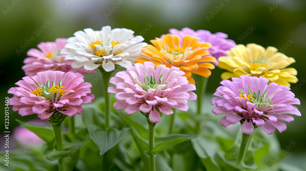 Colorful Zinnia flowers bloom in garden, spring background, nature photography for websites Colorful Zinnia flowers bloom in garden, spring background, nature photography for websites