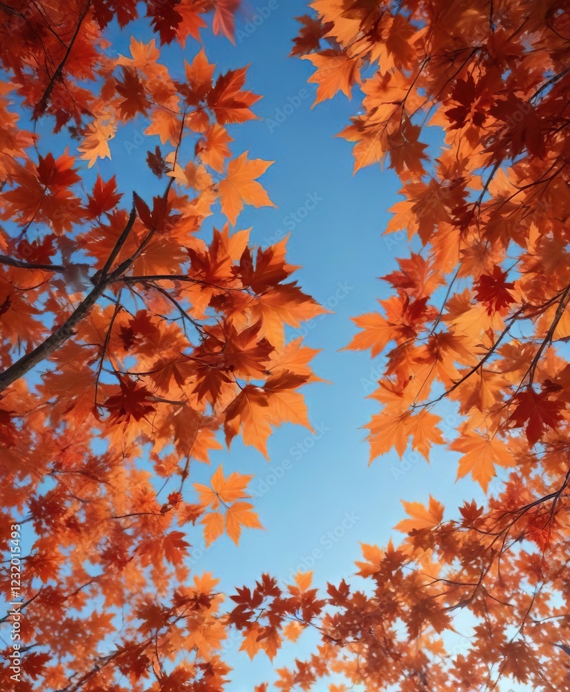 The vibrant orange and red hues of the maple leaves create a stunning backdrop against a clear blue sky, maple leaves, outdoor scenes The vibrant orange and red hues of the maple leaves create a stunning backdrop against a clear blue sky, maple leaves, outdoor scenes