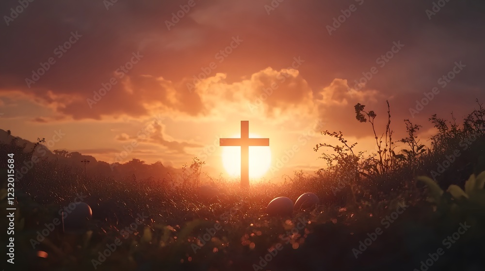 Fototapeta premium A cross with the setting sun in the background, symbolizing hope and new beginnings 