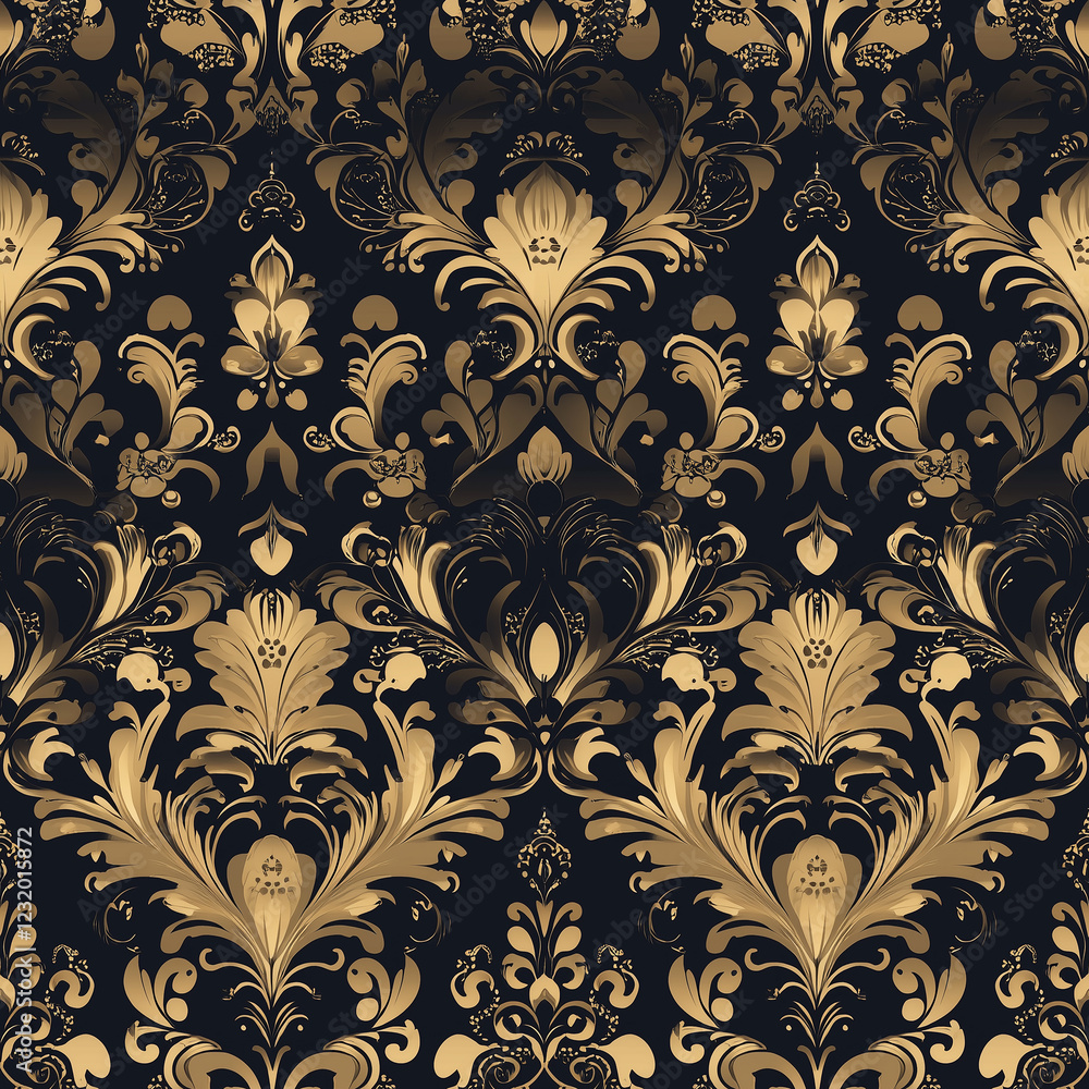 Elegant damask seamless pattern motif digital textile design luxurious black and gold color scheme sophisticated interior decor Elegant damask seamless pattern motif digital textile design luxurious black and gold color scheme sophisticated interior decor
