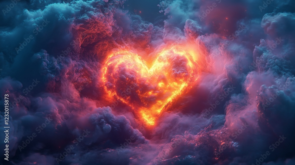 Fiery heart of passion burning love in dramatic clouds. Intense romantic energy design for Valentine's, love themes, backgrounds, posters, and digital art. Fiery heart of passion burning love in dramatic clouds. Intense romantic energy design for Valentine's, love themes, backgrounds, posters, and digital art.