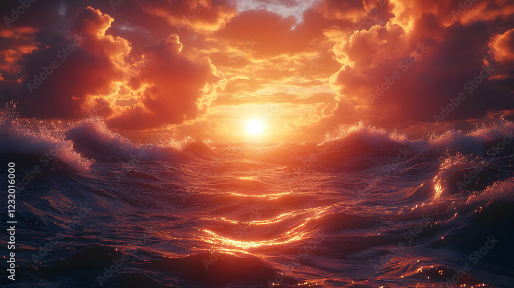 Naklejka premium Fiery Sunset Over Ocean Waves: Dramatic Orange and Red Sky