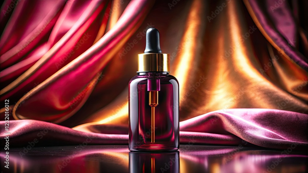 Naklejka premium Elegant silhouette: serum bottle, minimalist product shot against a rich velvet backdrop. Clean design.