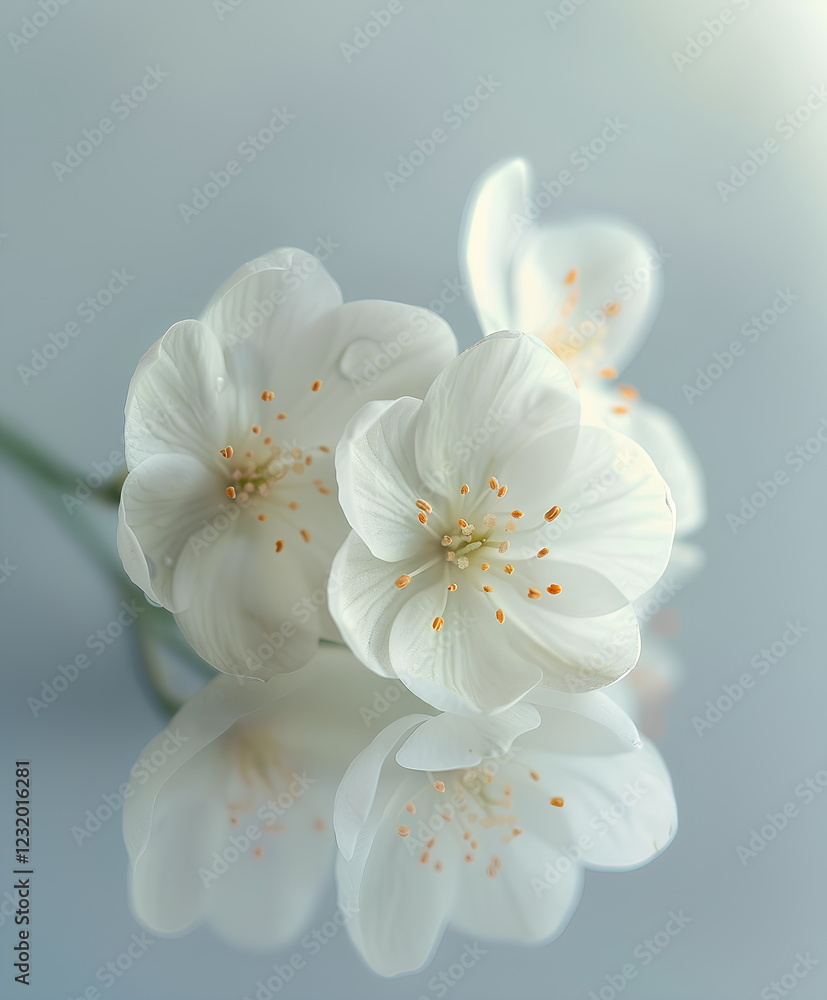 Fototapeta premium White Blossoms Close Up with Reflection, White Flowers with Soft Reflection