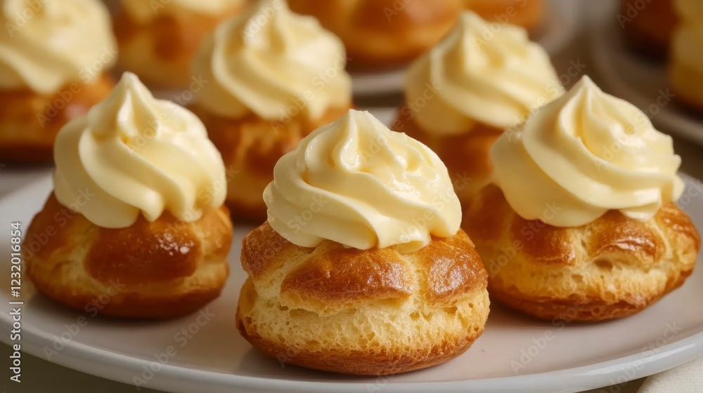 A close-up of vanilla cream puffs with their airy, light texture and rich cream filling, served on a white plate A close-up of vanilla cream puffs with their airy, light texture and rich cream filling, served on a white plate