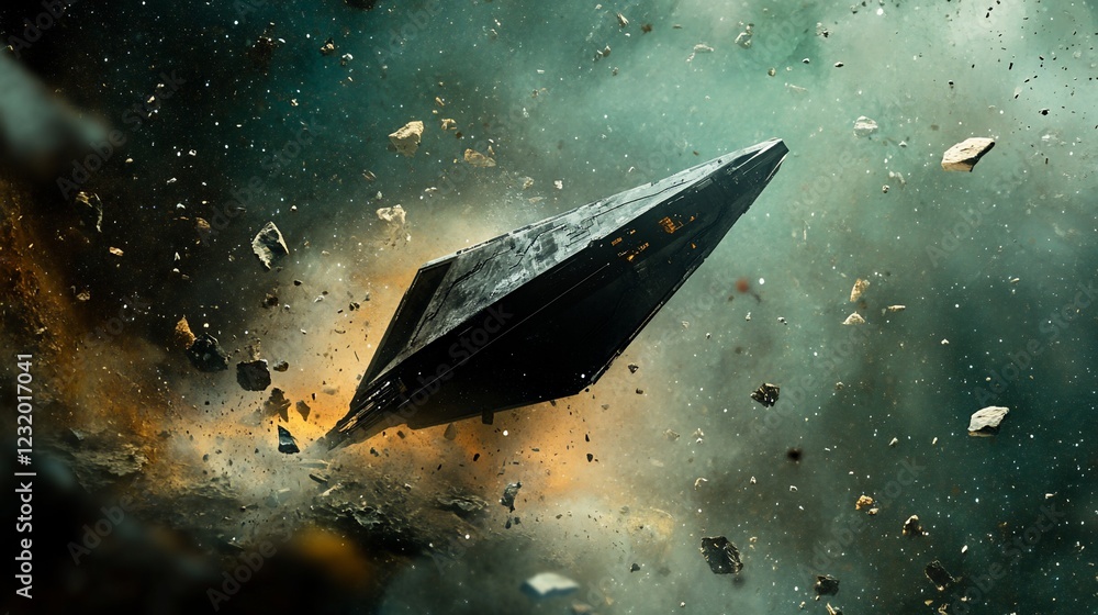 Spaceship asteroid field cosmic flight debris explosion science fiction illustration Spaceship asteroid field cosmic flight debris explosion science fiction illustration