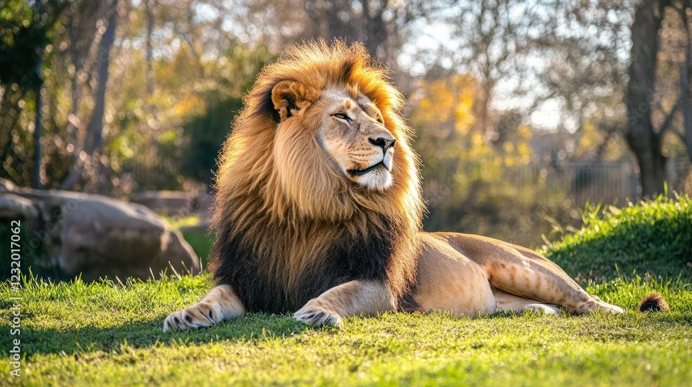 Obraz premium Majestic lion resting in sunny savanna