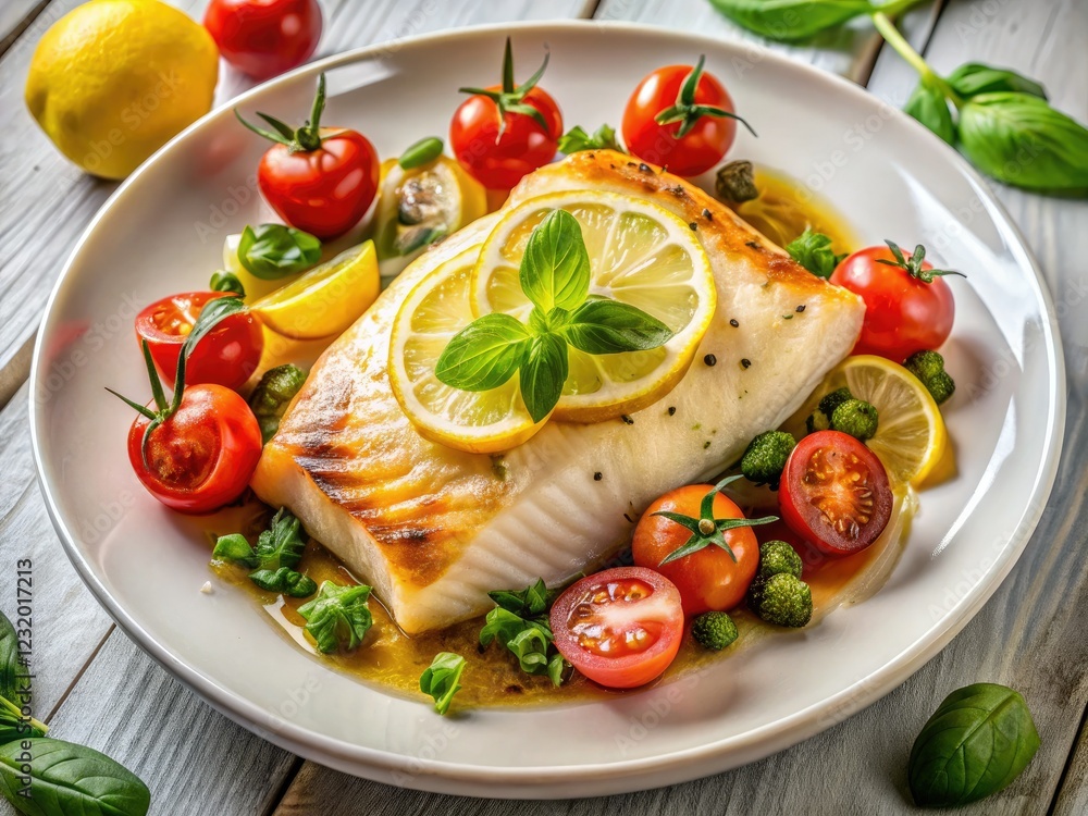 Flaky halibut, baked to perfection with juicy tomatoes. A delicious seafood feast. Flaky halibut, baked to perfection with juicy tomatoes. A delicious seafood feast.