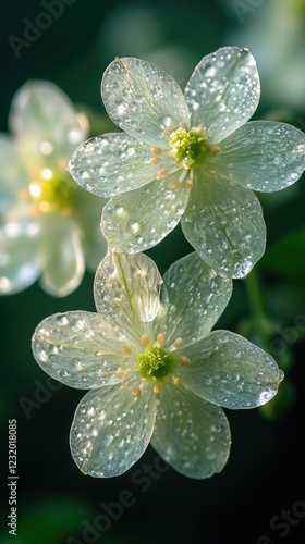 Skeleton Flowers, Diphylleia Grayi with Dew on Transparent Petals