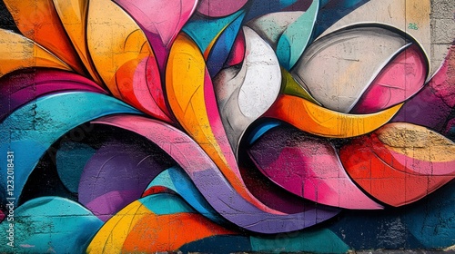 Close-Up View of Vibrant Street Art Graffiti Showcasing Colorful Abstract Shapes and Patterns