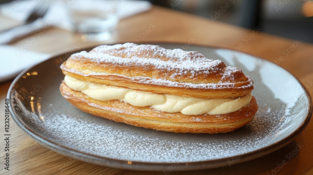 A freshly made clair with delicate pastry layers and rich vanilla filling, placed on a plate with a sprinkle of powdered sugar A freshly made clair with delicate pastry layers and rich vanilla filling, placed on a plate with a sprinkle of powdered sugar