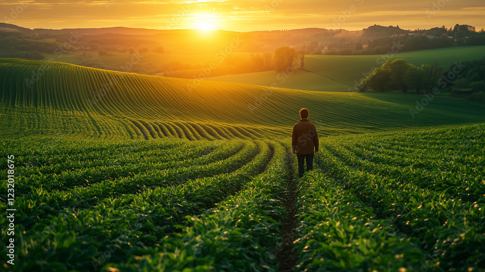 Fototapeta premium A person walks through a lush green field with rolling hills